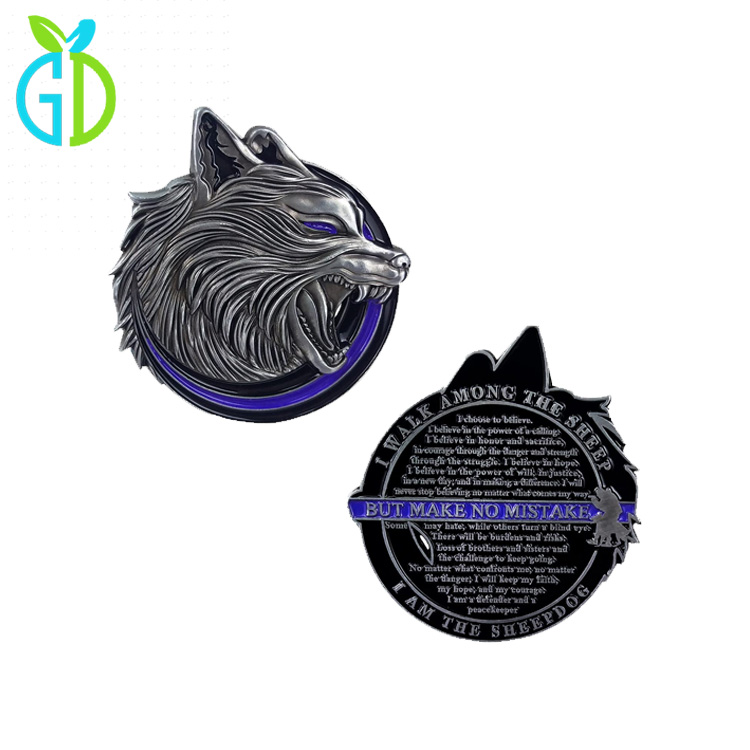 Zinc Alloy Metal Animal US Police Dogs Wolf Custom Logo Challenge Coin with Epoxy